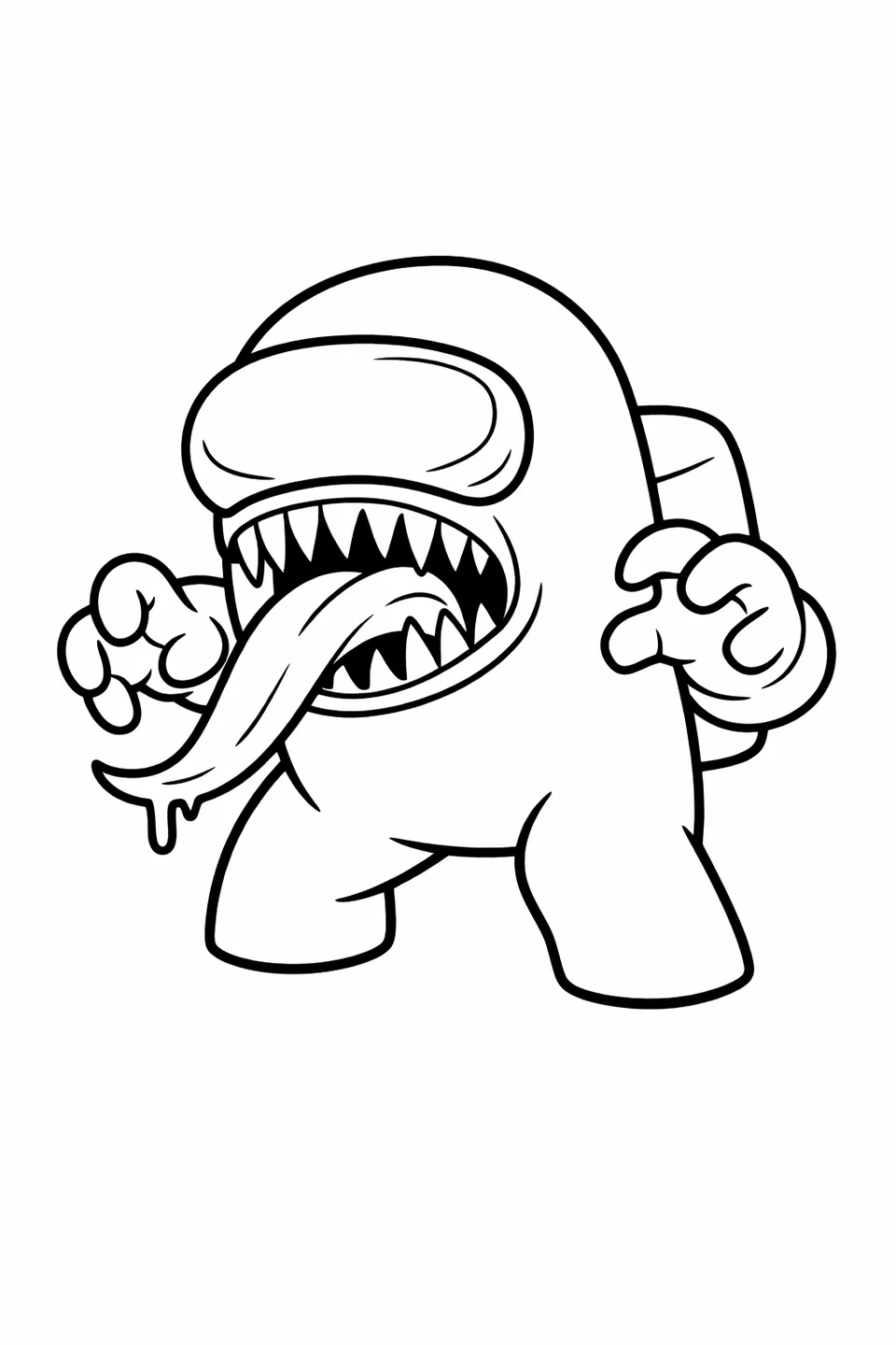 Among Us impostor crewmate in spacesuit with mouth open showing sharp teeth and tongue