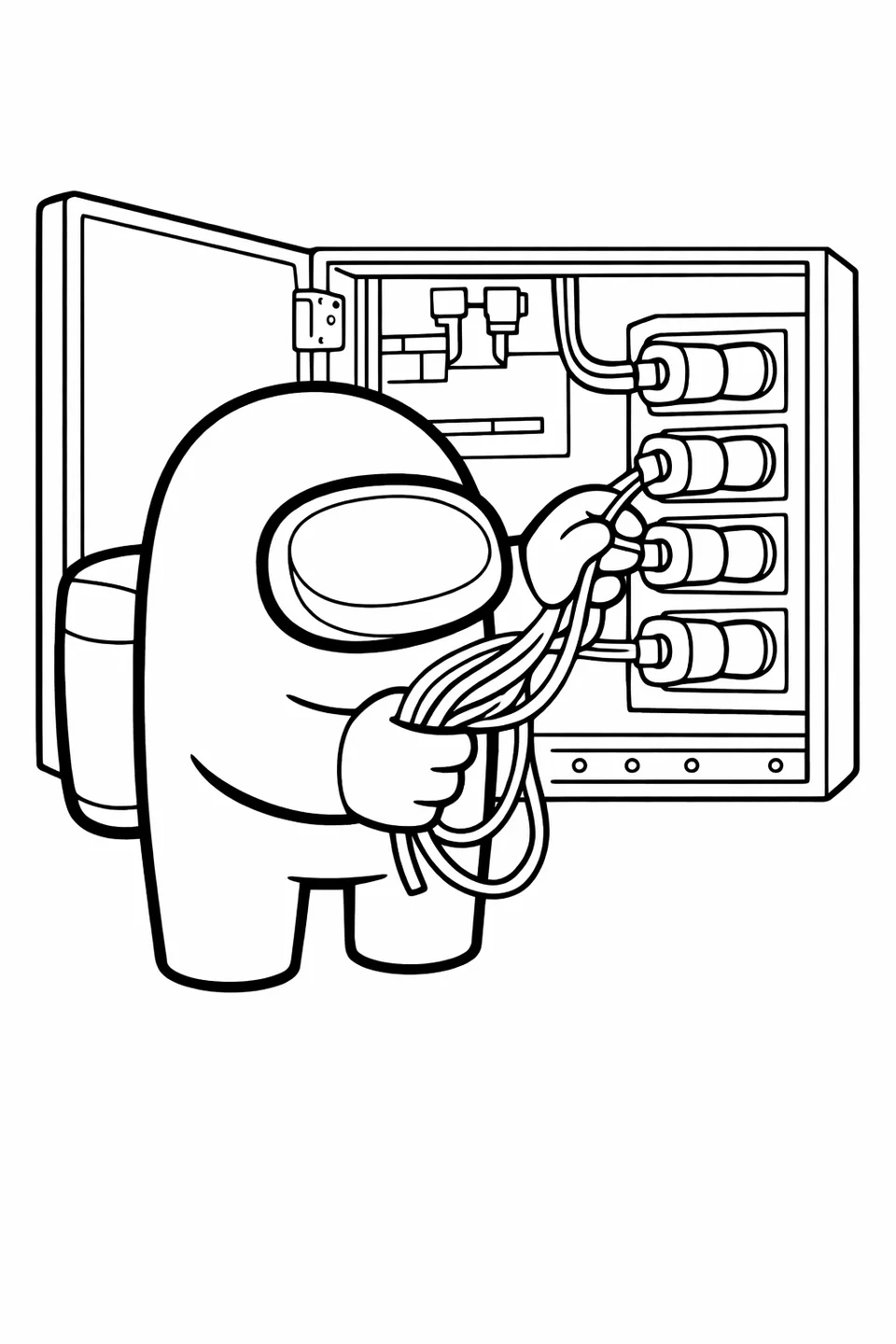Among Us crewmate in spacesuit connecting wires at a task control panel