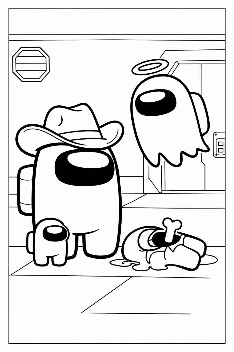 Among Us ghost crewmate floating above a dead body on a spaceship floor