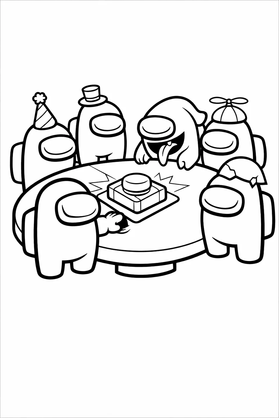 Six Among Us crewmates gathered around a cafeteria table with an emergency button being pressed