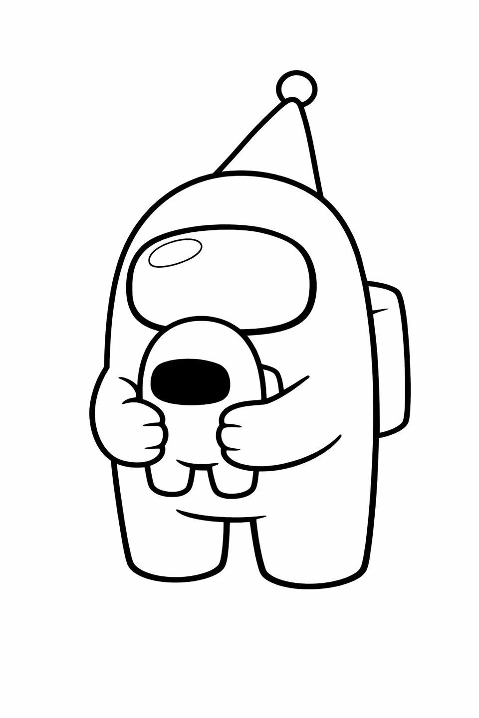 Among Us crewmate holding a tiny crewmate-shaped pet with both arm stubs