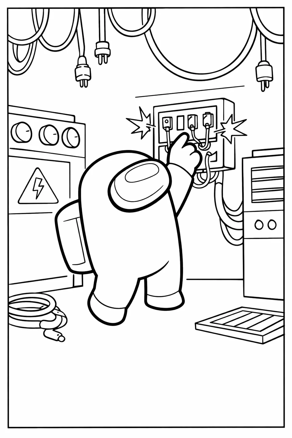 Among Us crewmate in electrical room reaching up to a fuse box with hanging wires