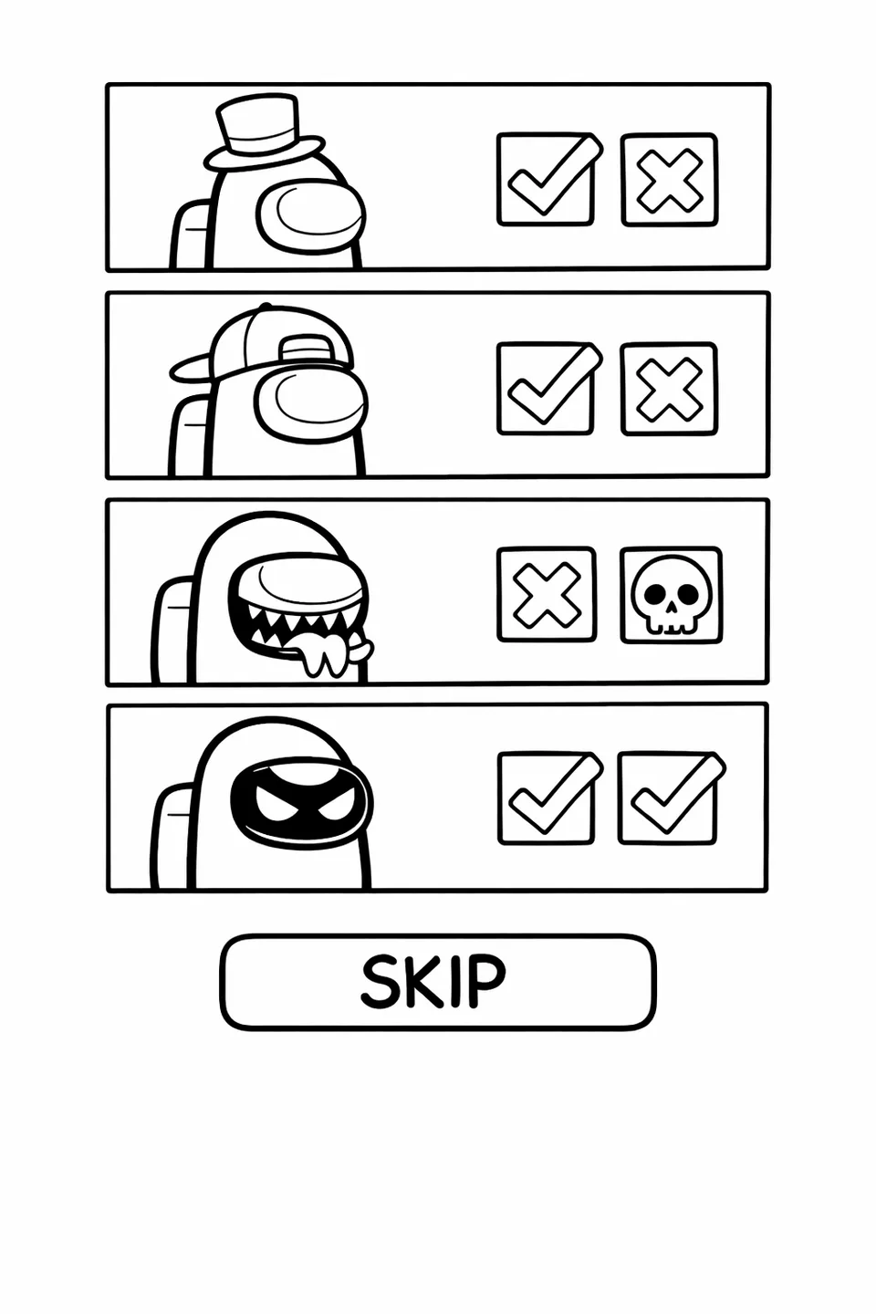 Among Us voting screen with crewmate portrait boxes, vote markers, and a skip button