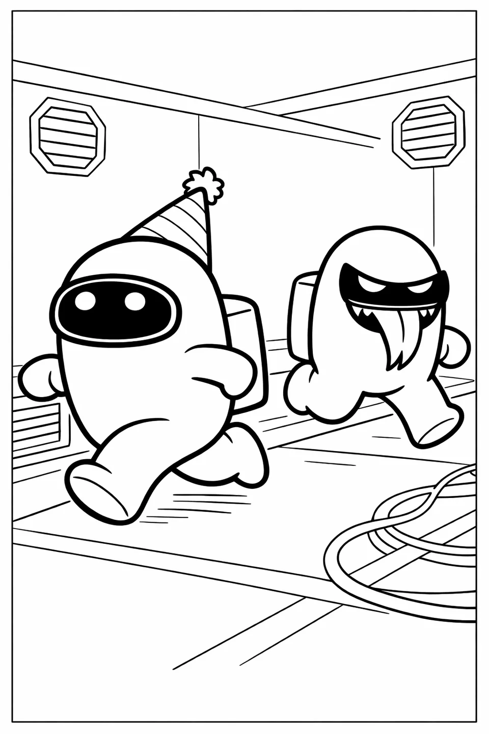 Among Us crewmate running through a spaceship hallway with legs extended and arm stubs raised