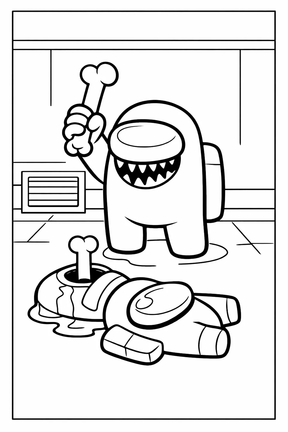 Among Us impostor standing over a defeated crewmate holding a weapon with arm raised