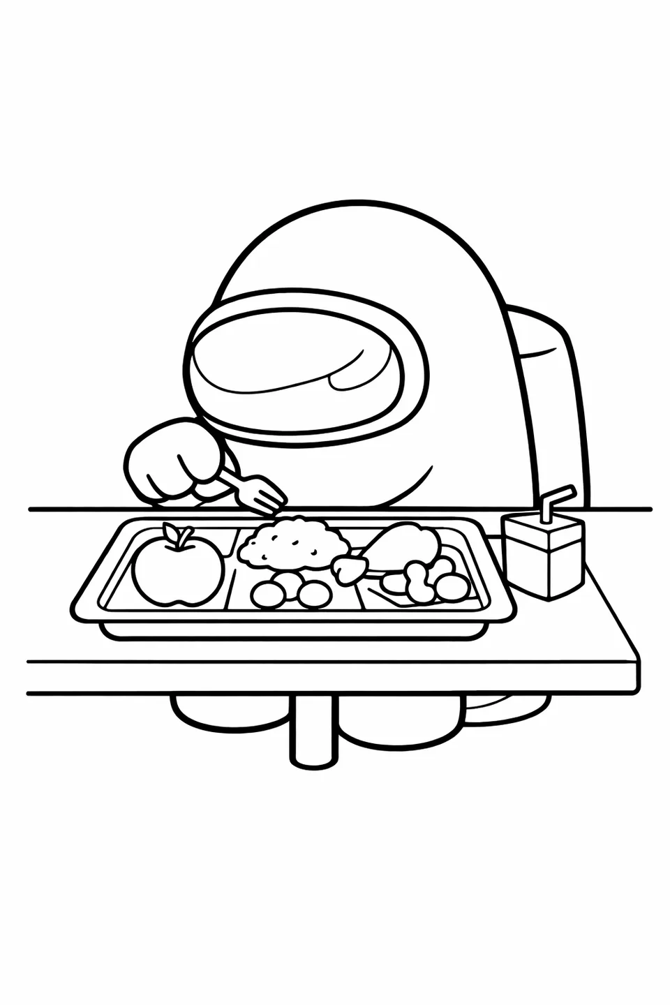 Among Us crewmate sitting at a cafeteria table looking down at a food tray