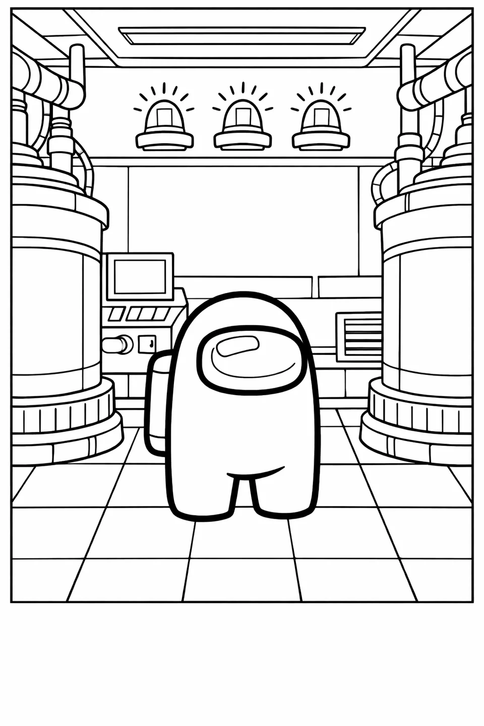 Among Us crewmate standing between large reactor cylinders with warning lights on the wall