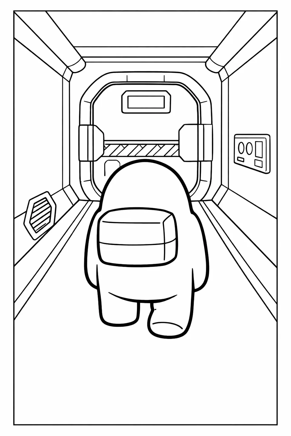 Among Us crewmate seen from behind with backpack tank walking toward an airlock door