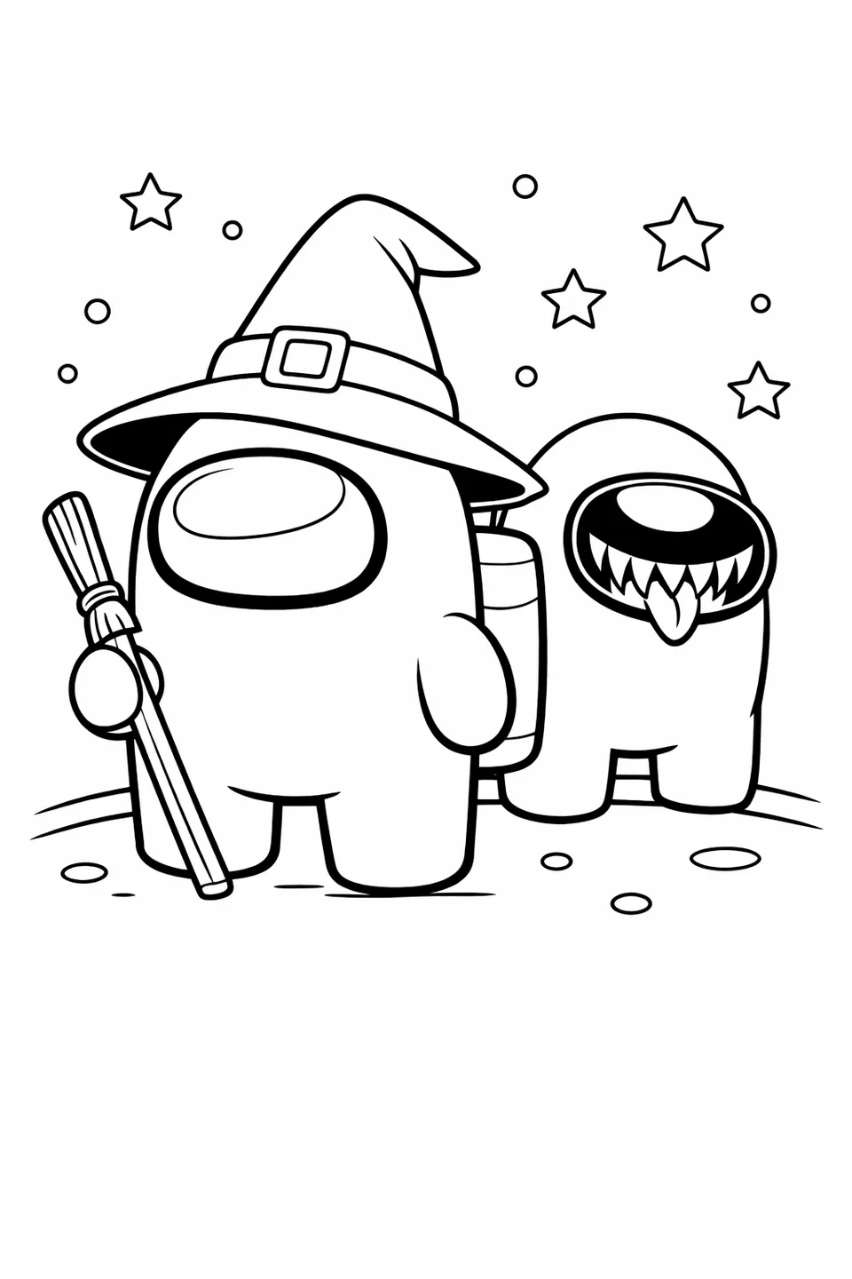 Among Us crewmate in spacesuit wearing a witch hat and holding a broomstick with stars around