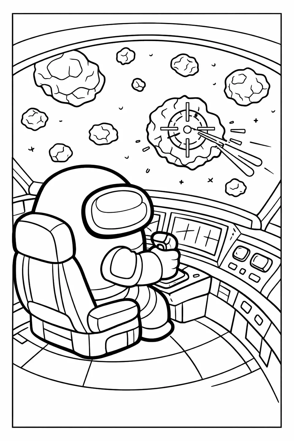 Among Us crewmate sitting in a mini cockpit holding a joystick with asteroids visible outside