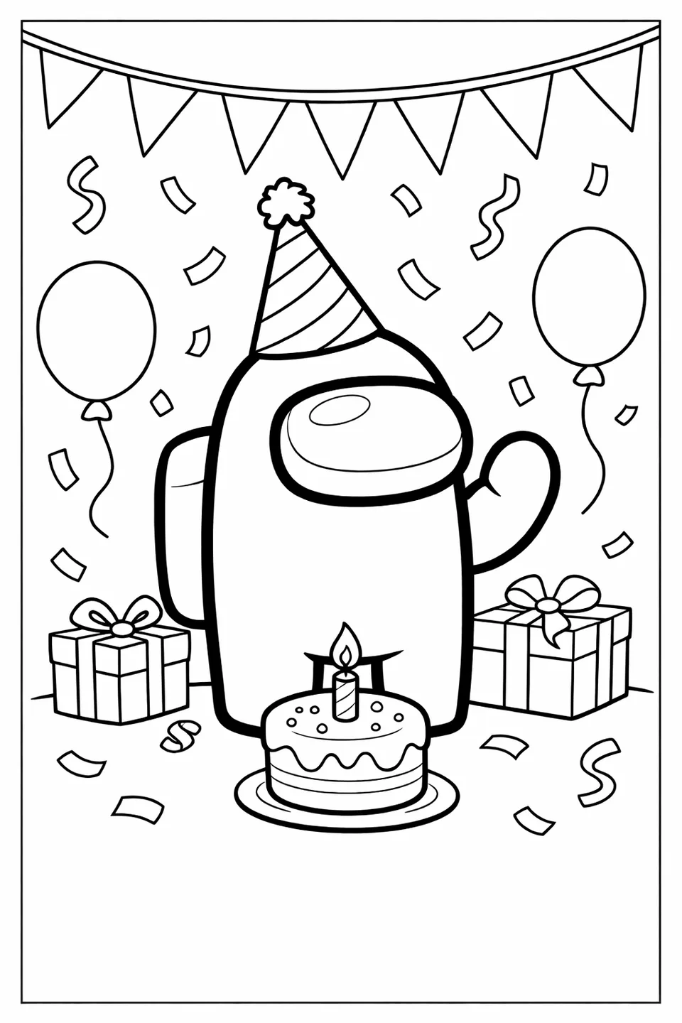 Among Us crewmate in spacesuit wearing a party hat with confetti falling around it