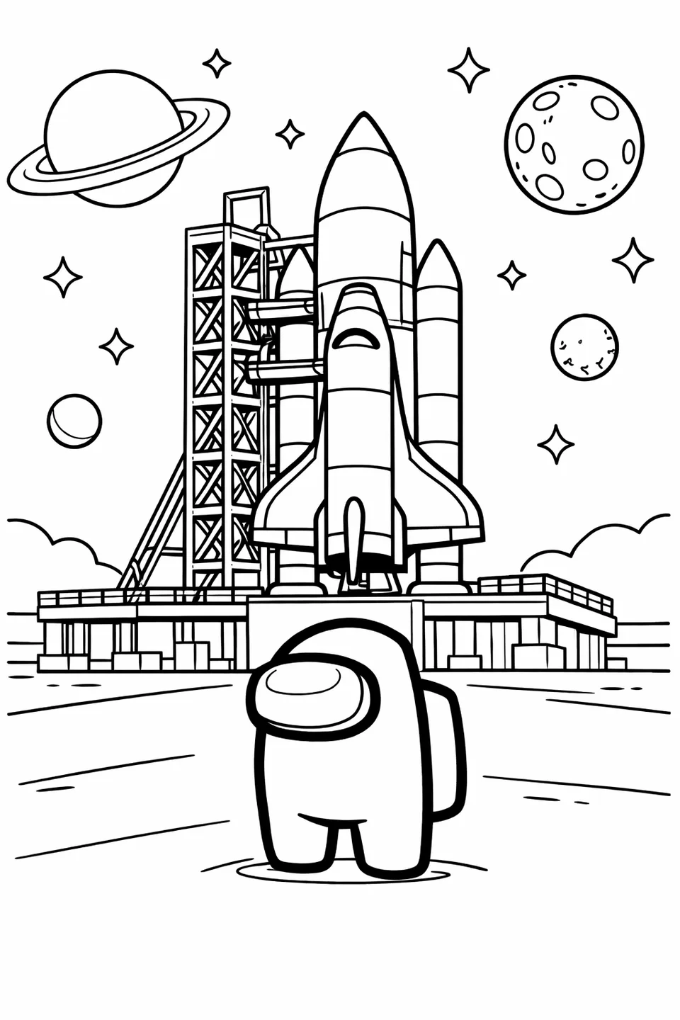 Among Us crewmate standing in front of a rocket ship on a launch pad with stars above