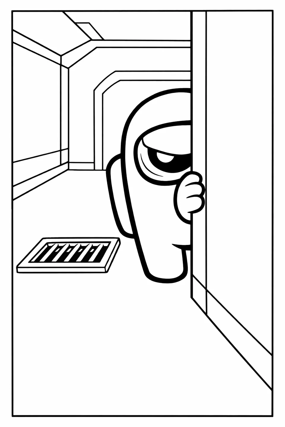 Among Us impostor in spacesuit peeking around a hallway corner with half its body hidden