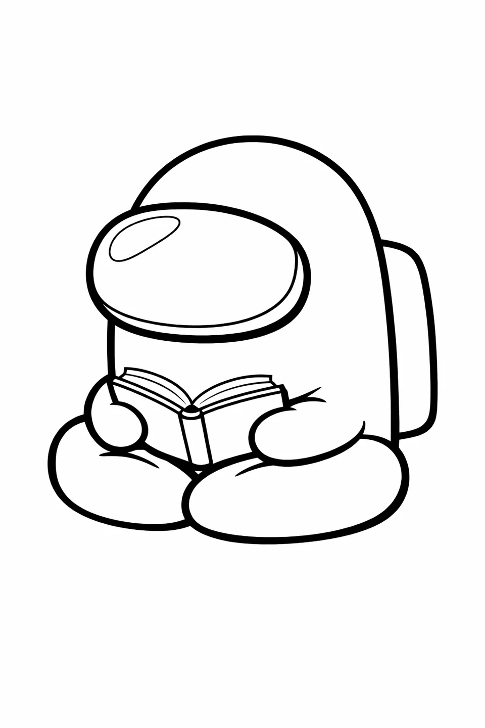 Among Us crewmate in spacesuit sitting cross-legged on the floor reading an open book