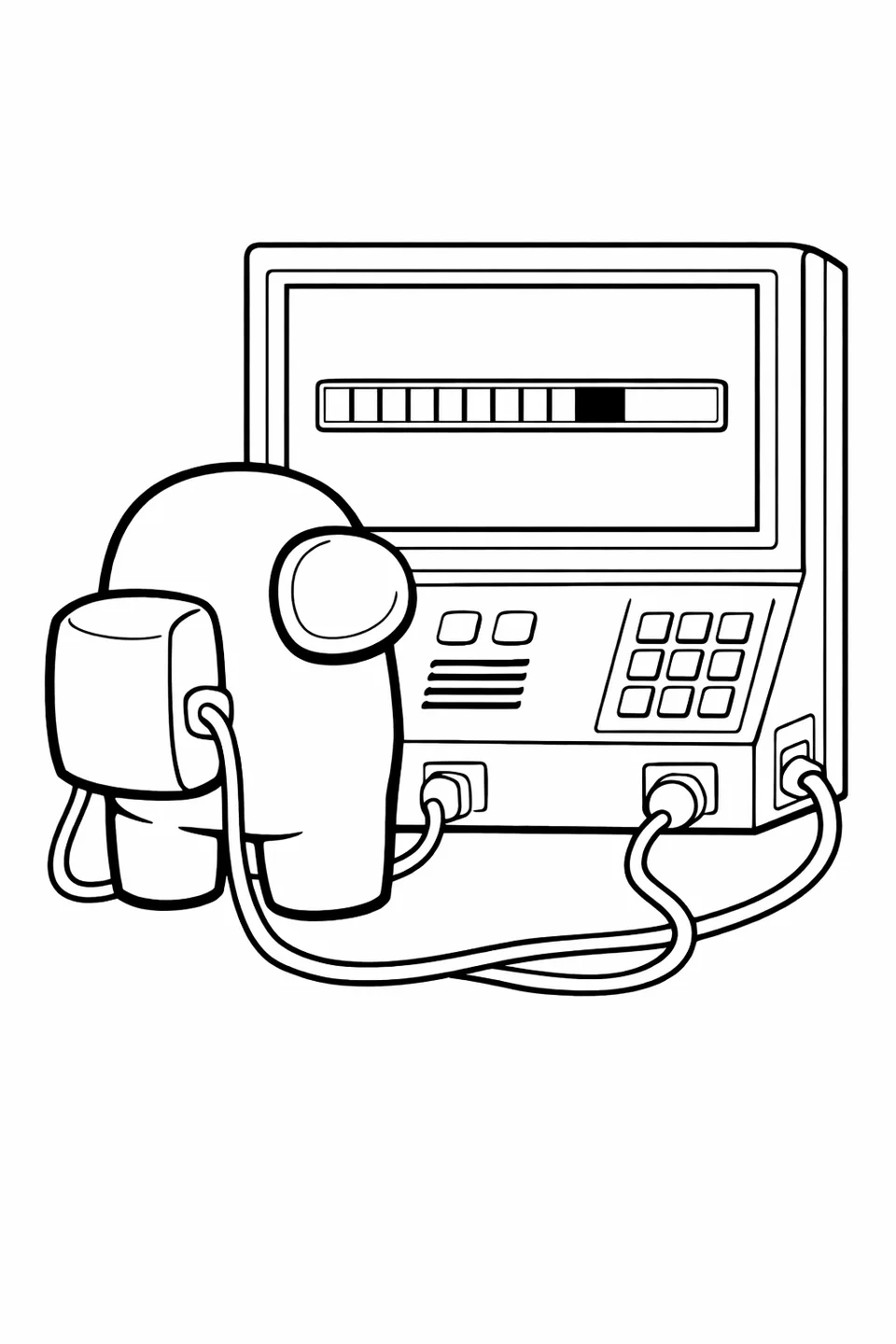 Among Us crewmate at a large terminal with a progress bar on screen and cables attached to suit