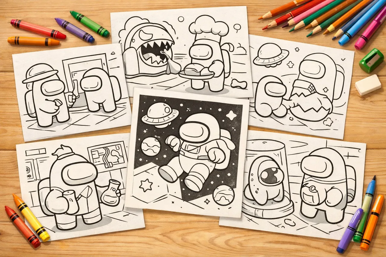 Among Us coloring pages cover collage