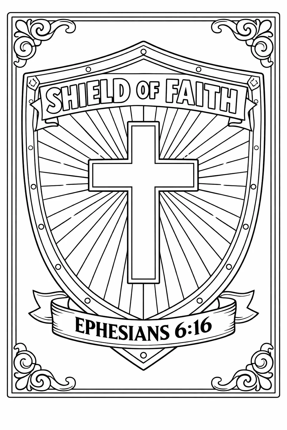 Line drawing of an ornate shield with a cross in the center, the words Shield of Faith at the top, and a scripture banner reading Ephesians 6:16 at the bottom
