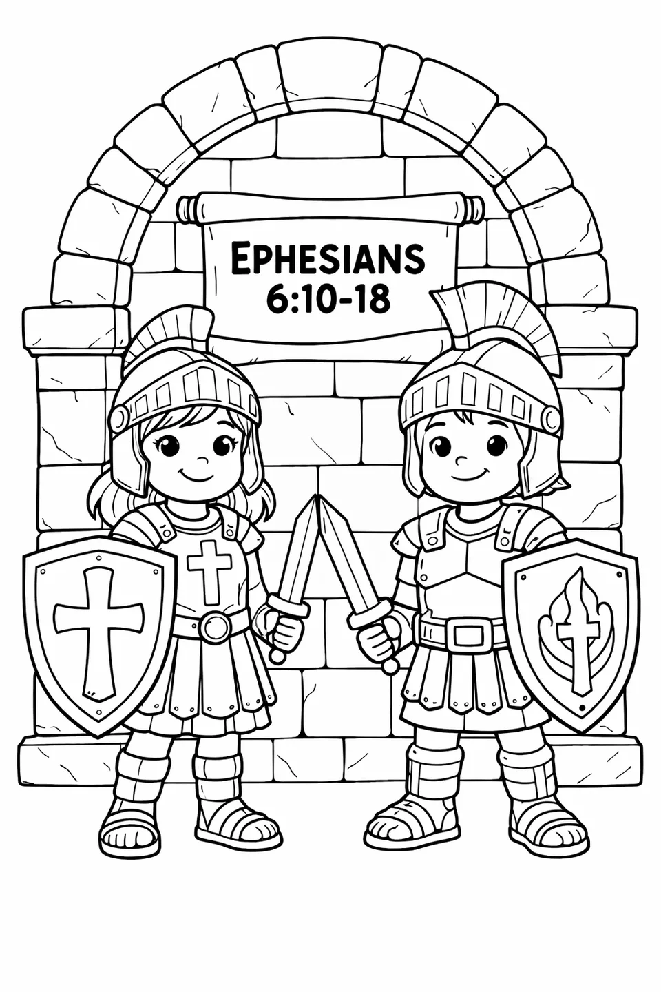 Line drawing of a girl and a boy wearing helmets, breastplates, and carrying shields, standing in front of a stone arch with a scripture scroll on the wall