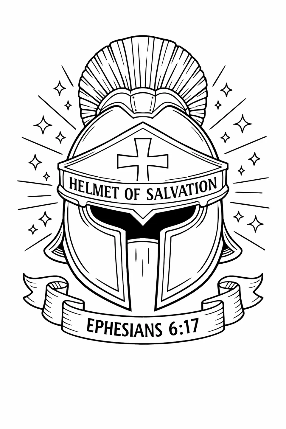 Line drawing of a roman helmet with a cross on the front, the words Helmet of Salvation on the brim, and a ribbon reading Ephesians 6:17 beneath it
