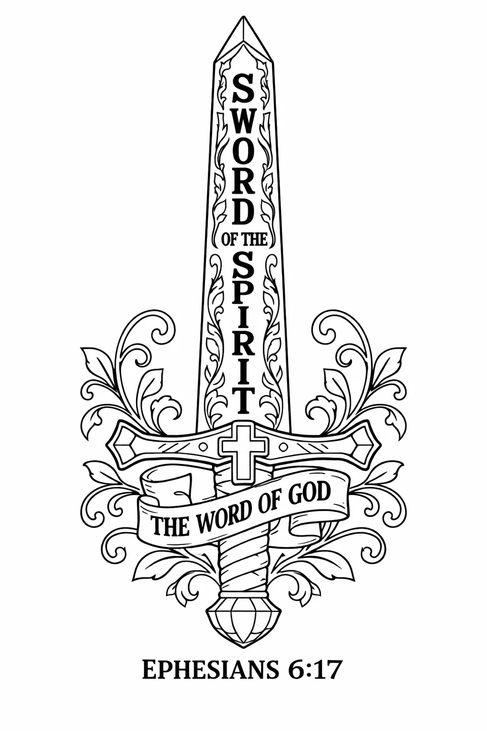 Line drawing of an upward-pointing sword with a cross hilt, the words Sword of the Spirit on the blade, and a banner reading The Word of God wrapped around the handle