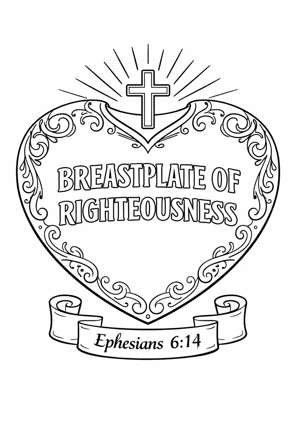 Line drawing of a heart-shaped breastplate with scrollwork borders, a cross at the top, the words Breastplate of Righteousness across the center, and a scripture scroll at the bottom