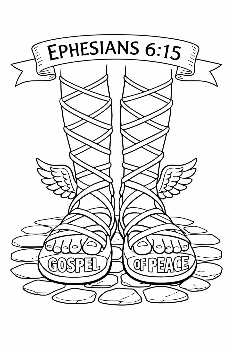 Line drawing of laced sandals with small wings on the heels sitting on a cobblestone path, with the words Gospel of Peace on the soles and a scripture banner above