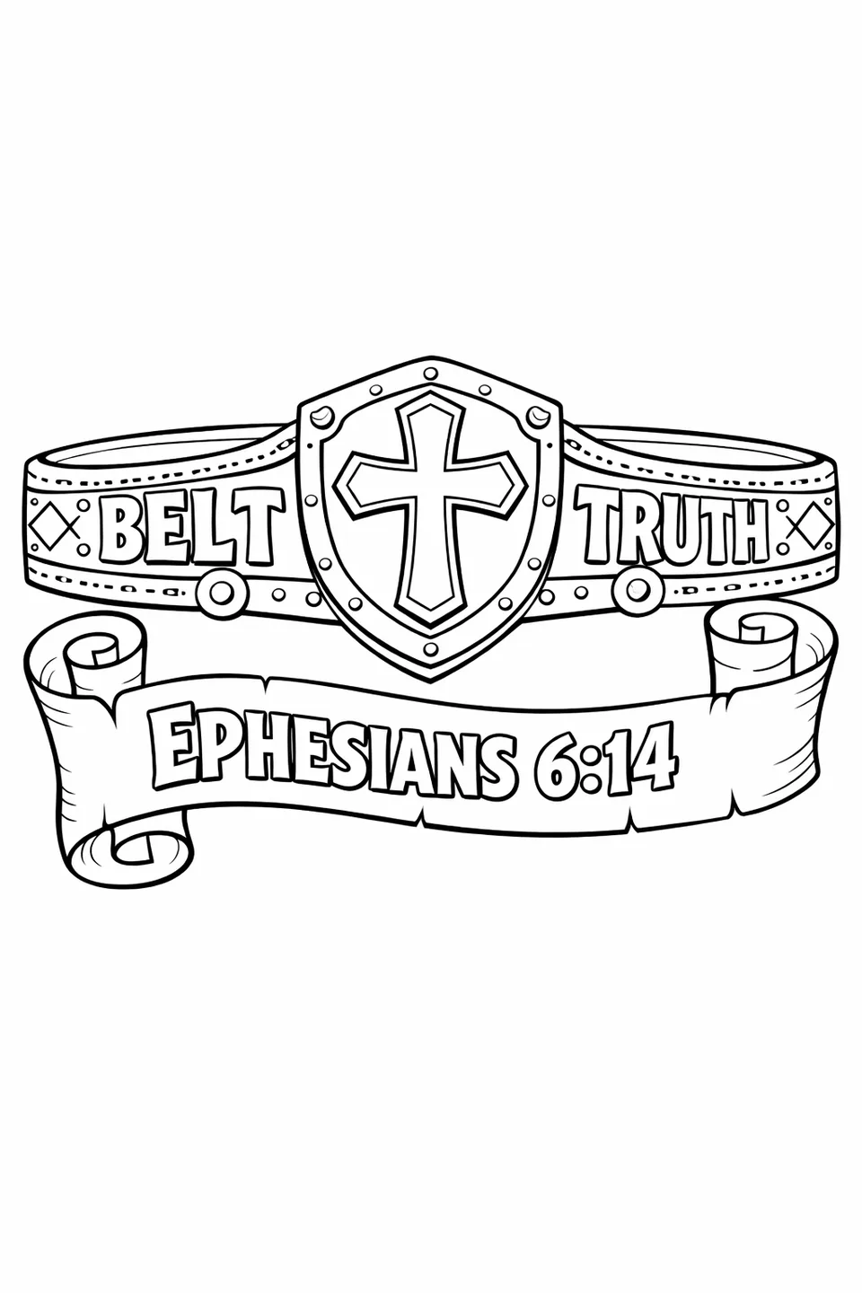 Line drawing of a wide belt with a cross-shaped buckle, the words Belt of Truth along the strap, diamond pattern leather, and a scripture scroll curled underneath