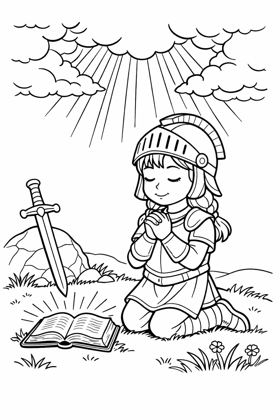 Line drawing of a girl in a breastplate and helmet kneeling in prayer on a hilltop with an open Bible beside her and rays of light coming through clouds above
