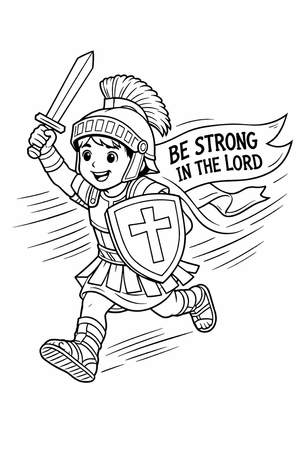 Line drawing of a boy in full biblical armor running with a raised shield and sword, with a banner trailing behind reading Be Strong in the Lord