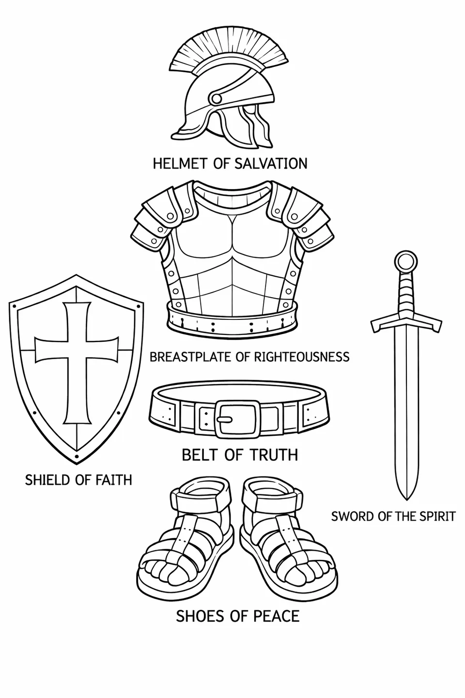 Line drawing of a flat lay arrangement of six biblical armor pieces including a helmet, breastplate, belt, sandals, shield, and sword, each labeled with its name