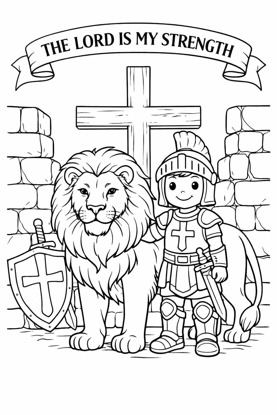 Line drawing of a child in biblical armor standing beside a lion with a hand on its back, a stone wall behind them, a leaning shield, and a banner reading The Lord Is My Strength