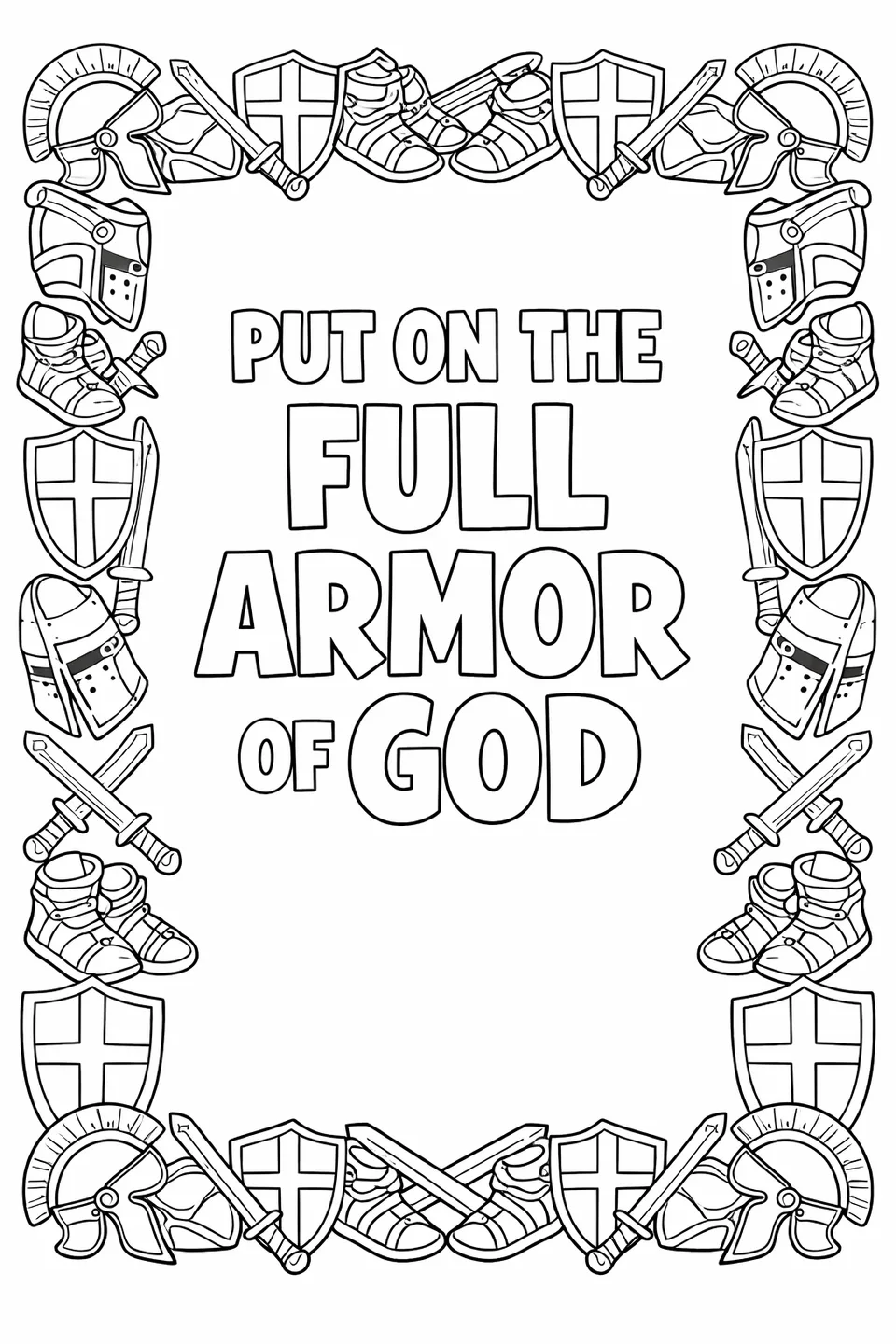 Line drawing of a decorative border made of alternating helmets, shields, swords, and sandals surrounding the words Put On the Full Armor of God in the center