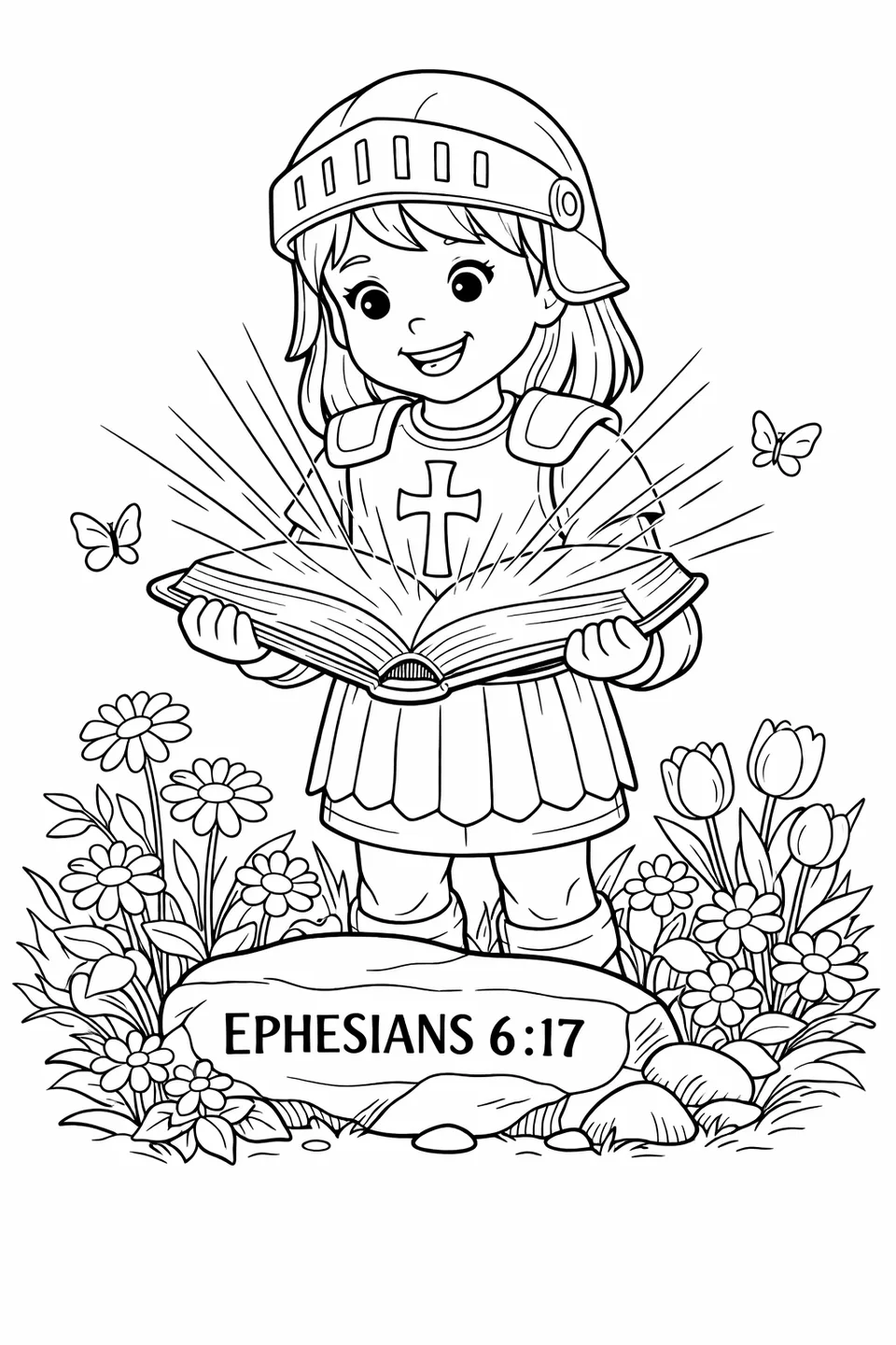 Line drawing of a girl wearing a helmet and breastplate standing in a garden holding an open Bible with rays of light from the pages and a stone with a scripture reference at her feet