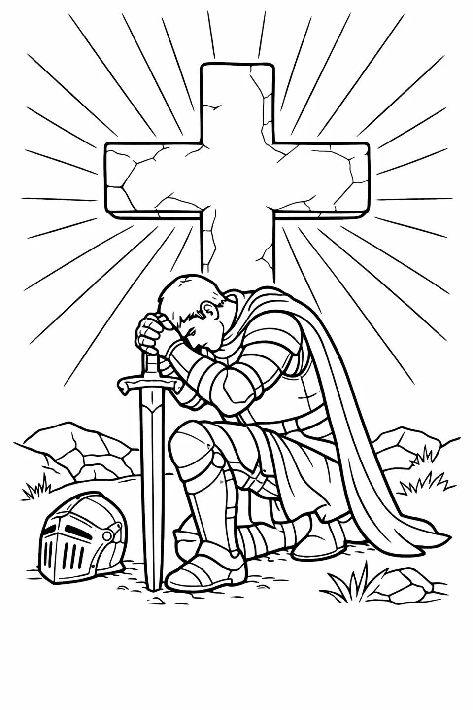 Line drawing of a knight kneeling before a stone cross with a removed helmet beside him, a sword planted tip-down with both hands on the hilt, and sunbeams behind the cross