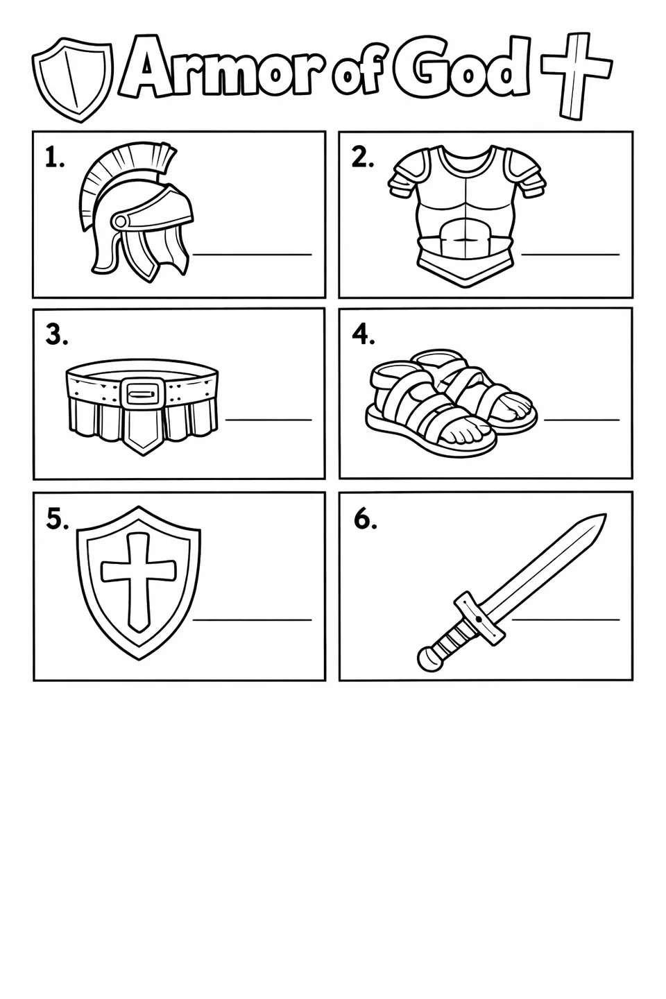 Line drawing worksheet with six numbered boxes each containing an outlined armor piece and a blank line beside it for writing the spiritual name