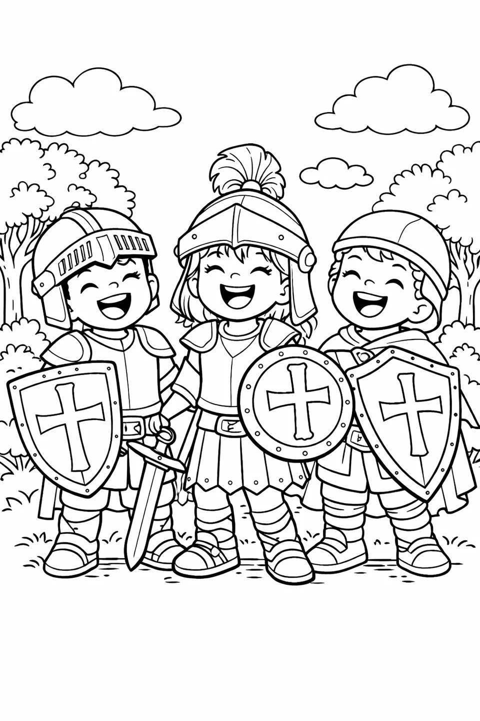 Line drawing of two boys and a girl wearing mismatched biblical armor and holding shields at different angles while laughing outdoors with trees and clouds behind them