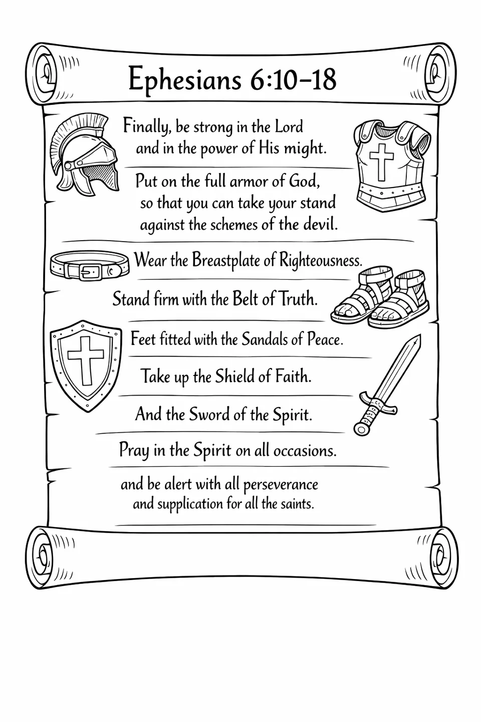 Line drawing of an unrolled scroll with the text of Ephesians 6:10-18 and small armor vignettes in the margins beside each corresponding verse