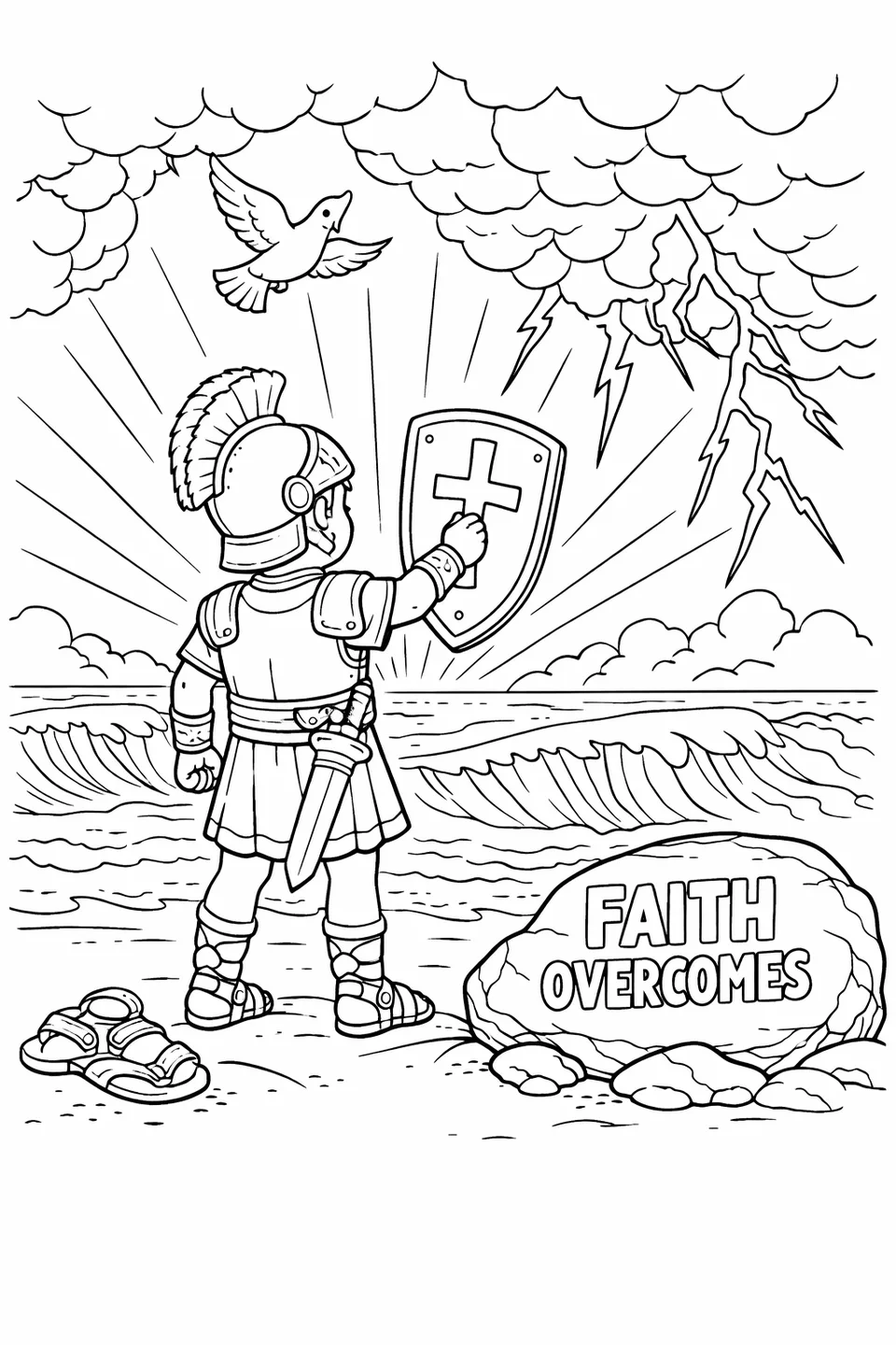 Line drawing of a boy in full biblical armor raising a shield toward storm clouds at a seashore with a dove flying above and the words Faith Overcomes on a rock