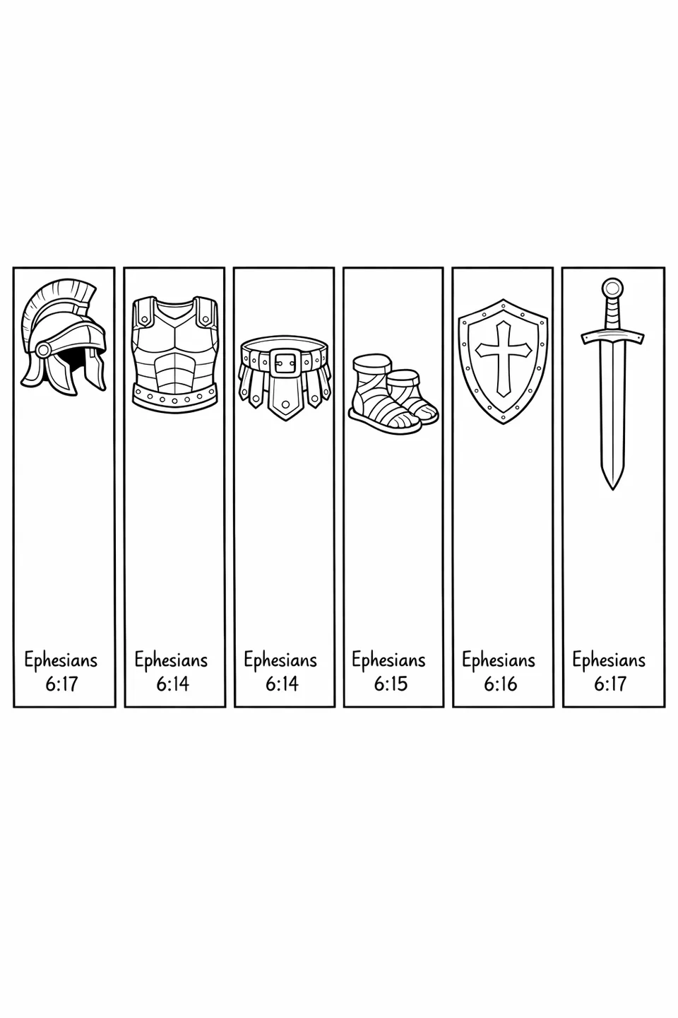 Line drawing of six vertical bookmark strips each showing one biblical armor piece at the top and a scripture reference at the bottom, arranged to be cut apart