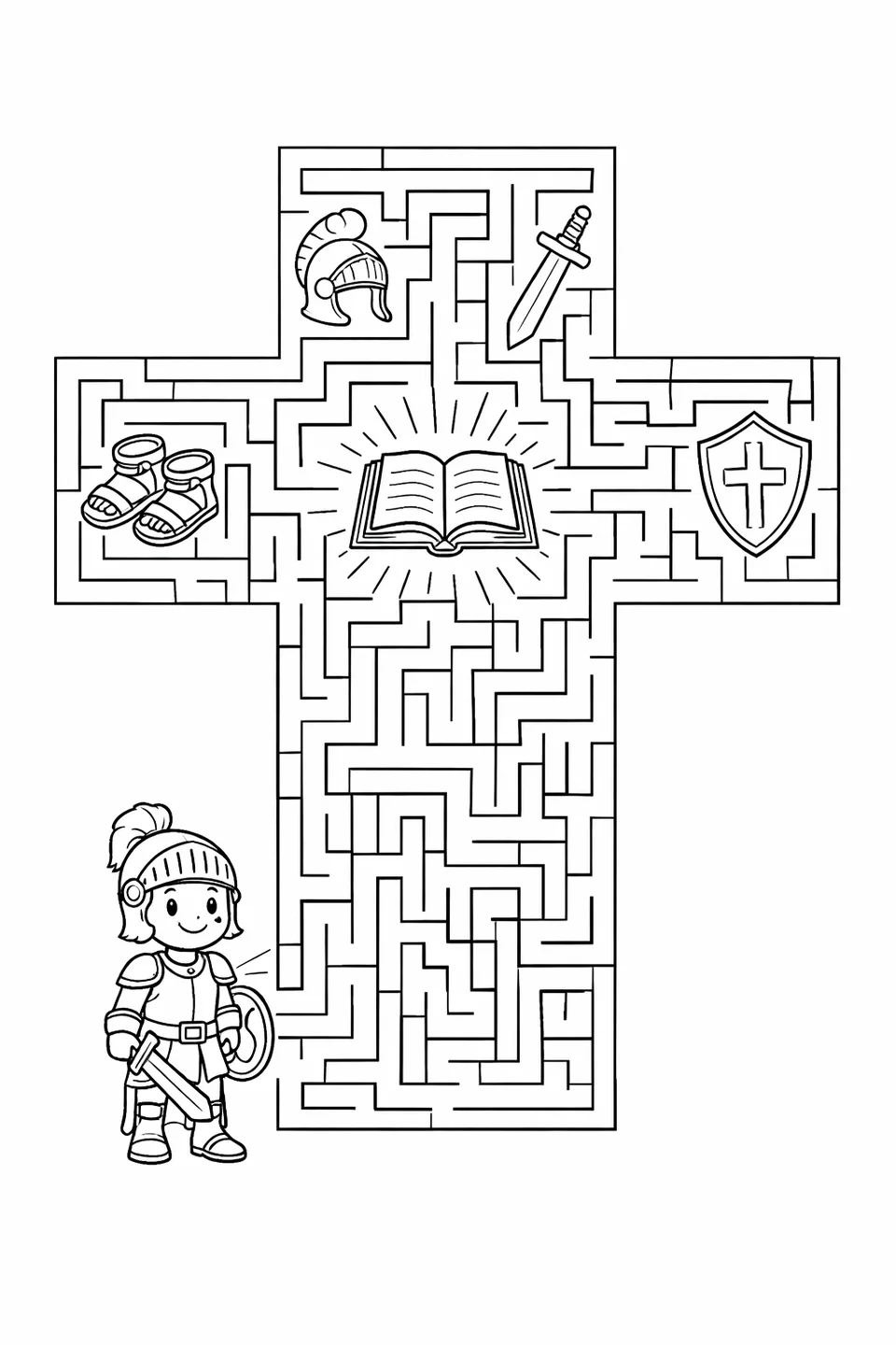 Line drawing of a cross-shaped maze with an armored child at the start, a Bible at the center, and small armor piece icons as checkpoints along the paths