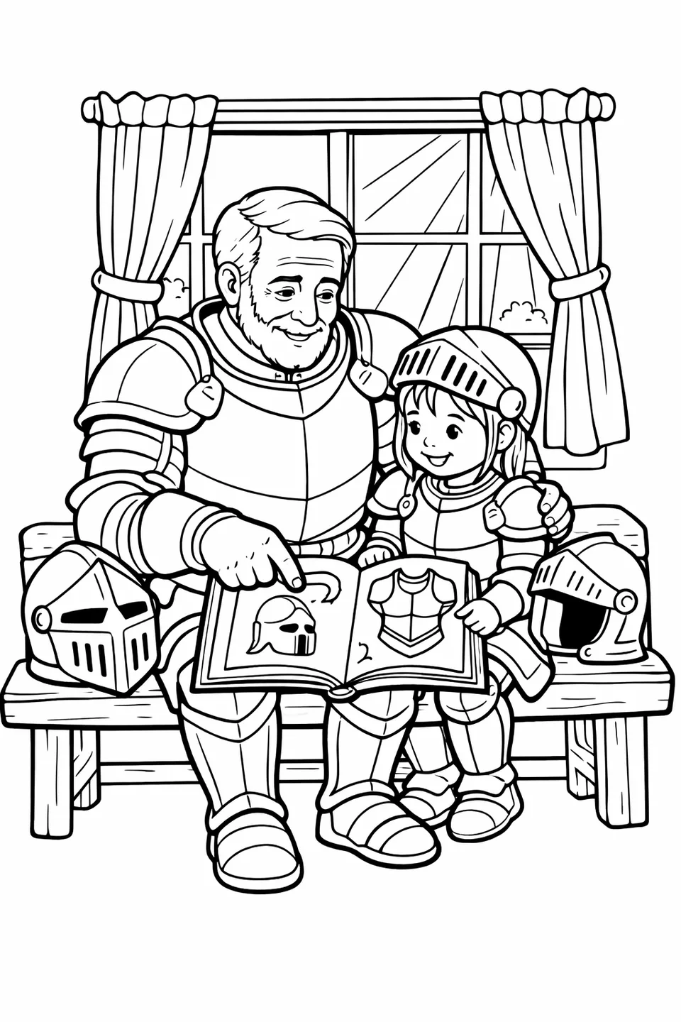 Line drawing of a grandfather and granddaughter both wearing armor sitting on a bench, with the grandfather pointing to an open illustrated book on his knee and sunlight through a window behind them