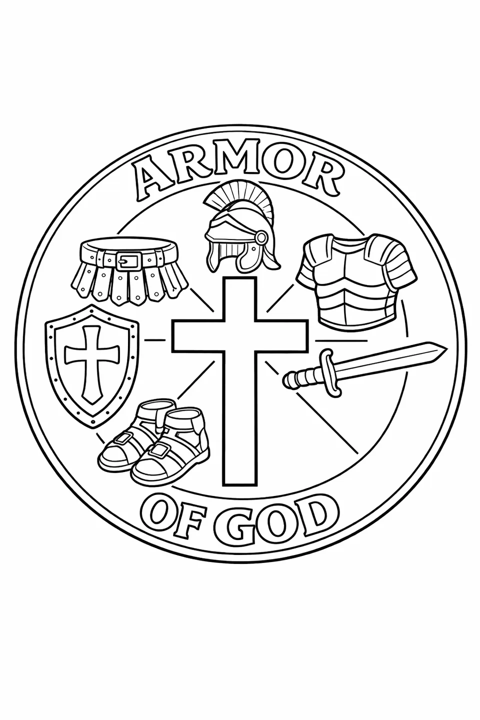 Line drawing of a circular badge with a cross at the center and six armor pieces arranged at compass points around it, with the words Armor of God around the outer edge