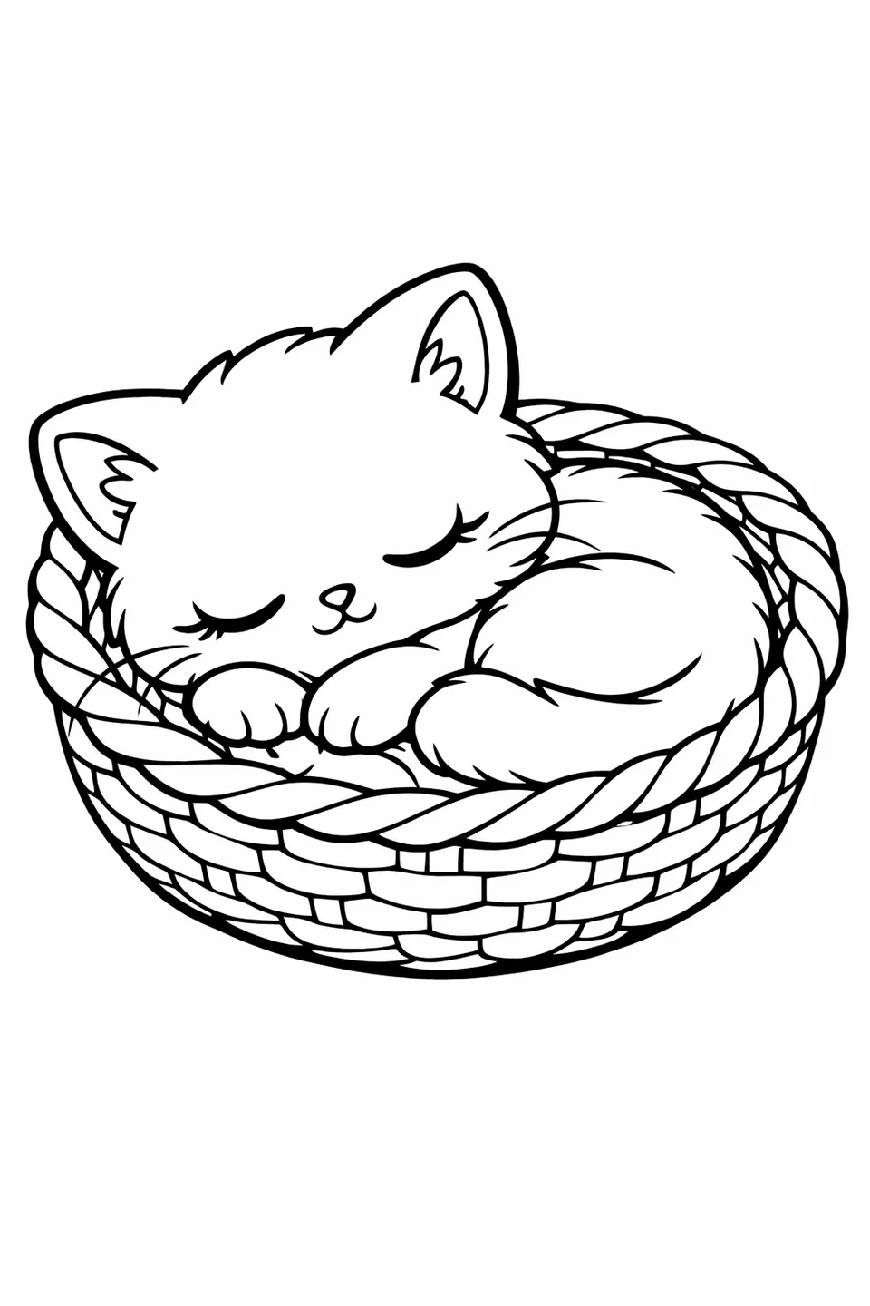 編み目模様のバスケットの中で丸まって眠る子猫