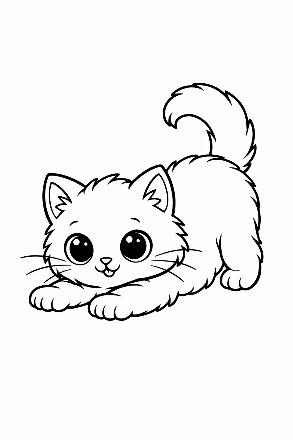 前足を伸ばして後ろ足を上げた、プレイポーズの子猫