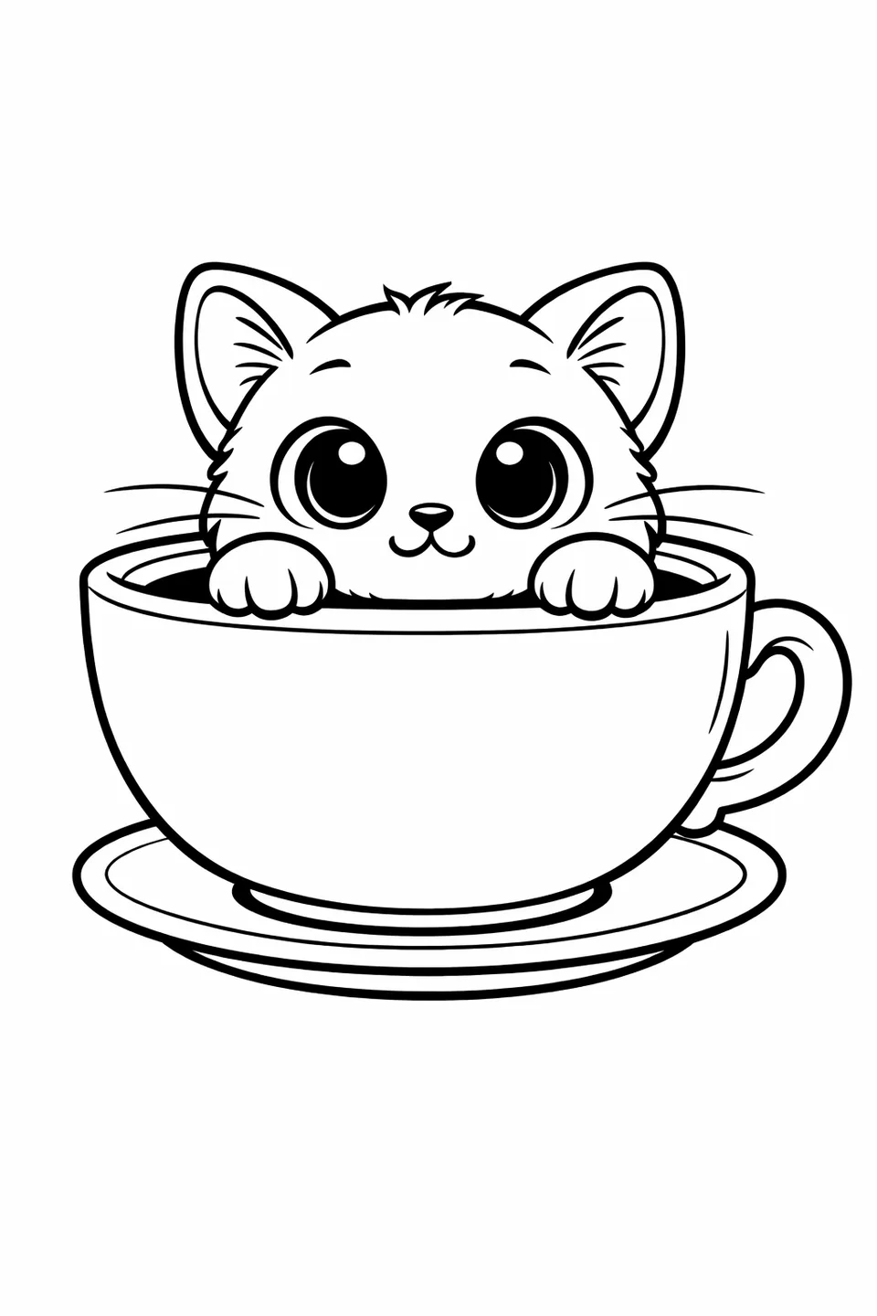 大きなティーカップの縁から顔と前足だけを出している子猫