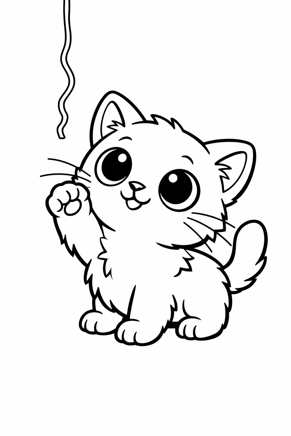 ぶら下がった毛糸玉をじゃらすために片手を上げた赤ちゃん子猫