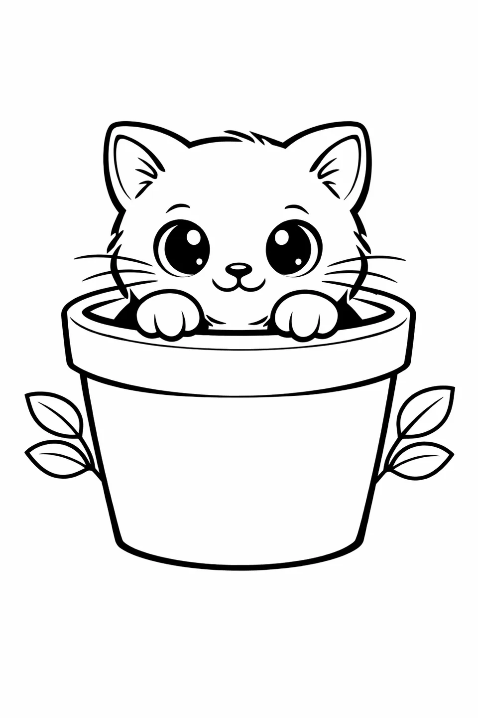 縁から顔と足が見えている、大きな植木鉢の中に座った赤ちゃん子猫