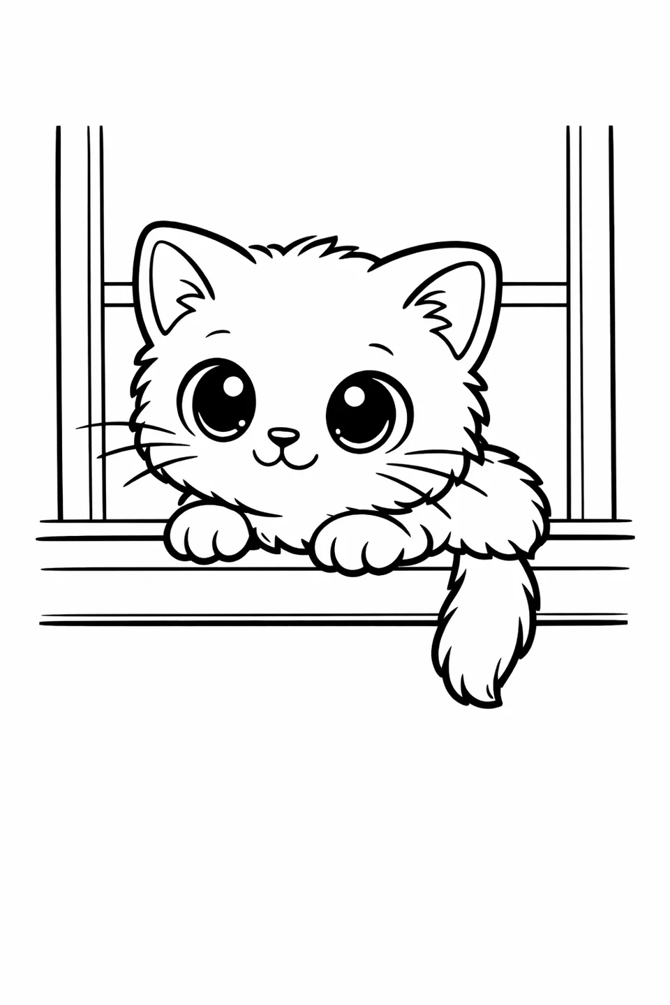 窓辺の縁に座って尻尾を垂らしている子猫