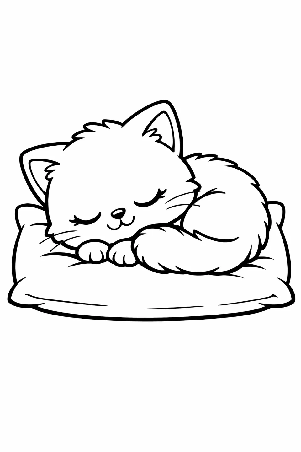 丸まって眠る子猫、四角い枕の上、目は閉じられ、尾は顎の下に巻かれている