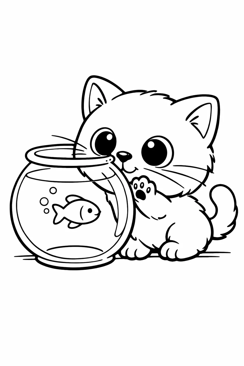 丸い金魚鉢に鼻と片足を押し付ける子猫、中に魚がいる